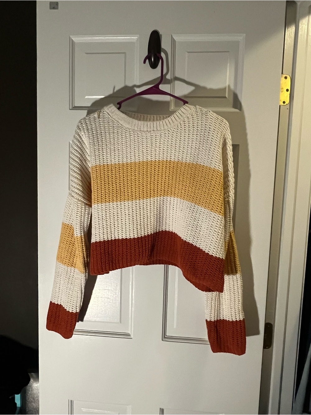 Cropped Striped Crewneck Sweater in Cream, Mustard & Rust
